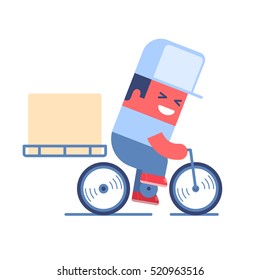 Cartoon delivery man riding a bicycle with delivery box on it. Just place your logo on the cap or box.