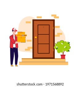 Cartoon delivery man standing by front door holding cardboard box stack and smiling. Cheerful courier delivering order to customer house, vector illustration.