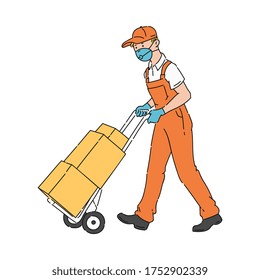 Cartoon delivery man in uniform and medical mask moving cardboard box stack on trolley cart - courier with coronavirus protection respirator and gloves. Flat isolated vector illustration.