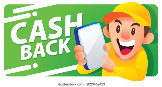 Cartoon delivery man wearing uniform and cap is holding a smartphone to show online order app and receive cash back point. Web banner template