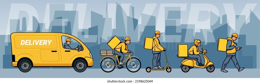 Cartoon delivery men walking, riding bicycle, electric scooter, motorbike on background of city landscape. Couriers with parcel box. Online delivery service set. Hand drawn vector illustration.