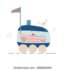 Cartoon delivery robot which is carrying sweets. Vector illustration for sticker, banner, logo