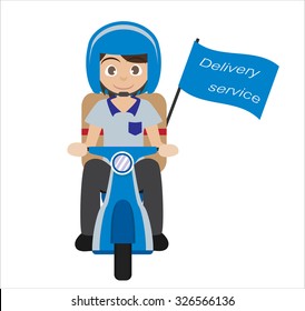 cartoon delivery service boy riding scooter isolated on white background. vector illustration