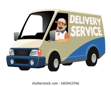 cartoon delivery service driver drive the delivery truck van