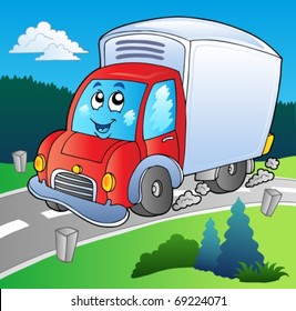 Cartoon delivery truck on road - vector illustration.
