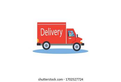 Cartoon delivery truck van with courier. Vector illustration of red truck delivery. Courier sitting in the van car. Cargo auto. Flat style.