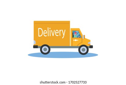 Cartoon delivery truck van with courier. Vector illustration of yellow truck delivery. Courier sitting in the van car. Cargo auto. Flat style.