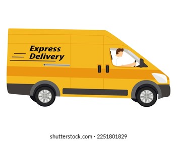 Cartoon delivery truck van with courier isolated on white background. Yellow truck express delivery. Courier sitting in the van car. Vector illustration in the flat style. Side view, profile.