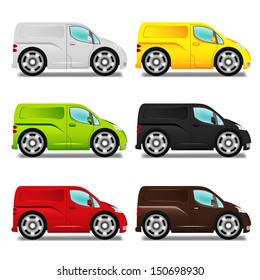 Cartoon delivery van with big wheels, six different colors.