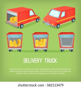 Cartoon delivery van vector illustration. Different perspectives of transportation truck