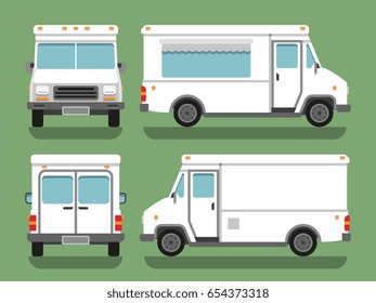 Cartoon delivery white blank food box truck vector mockup. Street food car illustration, transport lorry side front and back