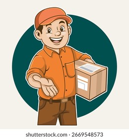 Cartoon delivery worker carrying a package box, perfect for courier service branding, shipping mascot design, logistics character, e-commerce delivery, and parcel business marketing.
