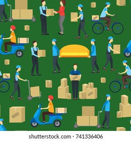 Cartoon Delivery Workers Background Pattern on a Green Flat Design Style Packages And Move Service Concept. Vector illustration