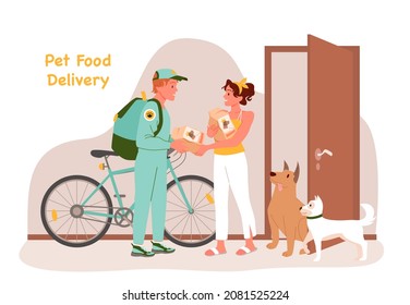 Cartoon deliveryman with bicycle giving bags with dog products to woman, man courier delivering order to door. Online pet store, animal care concept. Pet food delivery service vector illustration