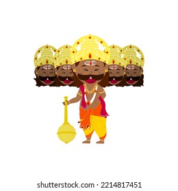 Cartoon Demon King Ravana Standing On White Background.