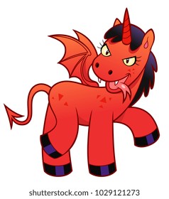 Cartoon demonic unicorn on the white background.