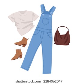 Cartoon denim overall outfit. Casual clothing with denim overalls, t-shirt and accessories flat vector illustration