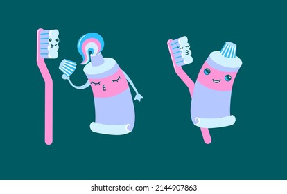 Cartoon dental care characters set. Comic toothbrush,tooth paste tubes. Medicine and health care educational vector illustrations collection.