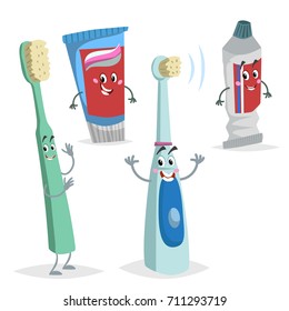 Cartoon Dental Care Characters Set. Comic Toothbrush, Ultrasound Electric Brush, Tooth Paste Tubes. Medicine And Health Care Educational Vector Illustrations Collection.