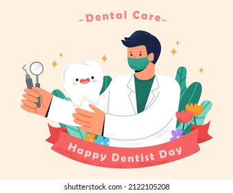 cartoon dental care with dentist day