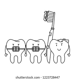 cartoon dental care teeth black and white