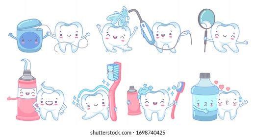 Atención dental de caricatura. Limpieza de dientes con dentífrico y cepillo de dientes. chorro de agua dental, enjuagado de agua y boca con la ilustración vectorial de mascota dental. Enjuagar la boca, los dientes, la pasta y el cepillo de dientes