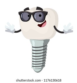 cartoon dental implant character mascot in black sunglasses on a white background