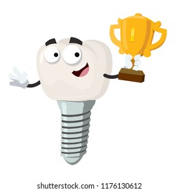 cartoon dental implant mascot holds the number one cup on white background