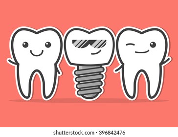 Cartoon dental implant and teeth. Smiling teeth and dental implant. Funny vector illustration