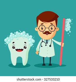 Cartoon Dentist and Big Cute Tooth. Colorful Vector Illustration