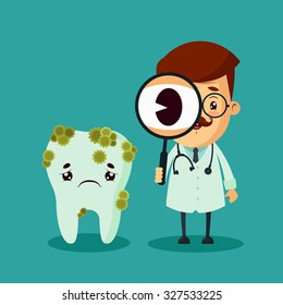 Cartoon Dentist and Big Dirty Tooth. Colorful Vector Illustration