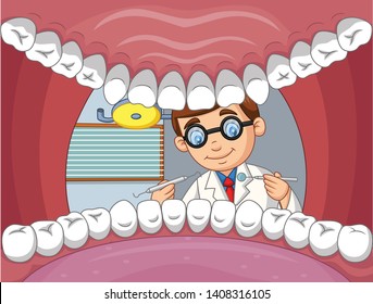 Cartoon dentist check tooth into open mouth of patient