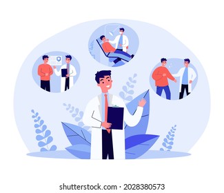 Cartoon dentist giving patient dental treatment. Dental checkup at clinic or hospital, oral hygiene flat vector illustration. Dentistry, medicine concept for banner, website design or landing web page