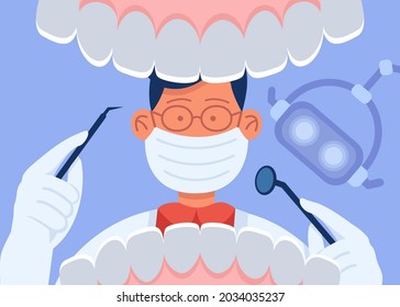 Cartoon Dentist In Mask Examining Open Mouth Of Patient. Doctor With Instruments Looking At Healthy White Teeth At Dental Checkup Flat Vector Illustration. Oral Hygiene, Dentistry Concept For Banner