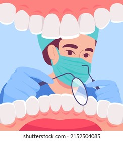 Cartoon dentist in mask looking into open mouth of patient. Inside view of white healthy teeth, medical checkup flat vector illustration. Oral or dental hygiene concept for banner or landing web page