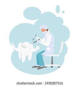 Cartoon Dentist sitting on chair is working on strong teeth. Health, dental clinic appointment. Dental office. Tooth doctor examines the patient on white background.Vector illustration flat design