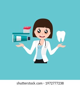 Cartoon Dentist and Toothbrush. Brushing Teeth. Dental care concept. Oral hygiene. Vector illustration.
