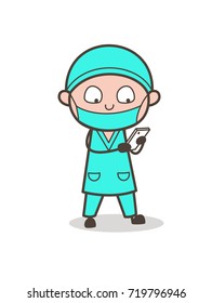 Cartoon Dentist Typing Message in Mobile Vector Illustration
