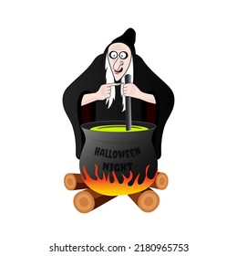 A cartoon depicting a long-nosed witch in a black suit is concocting a potion with a Halloween Night lettering. graphic resources isolated transparent background 