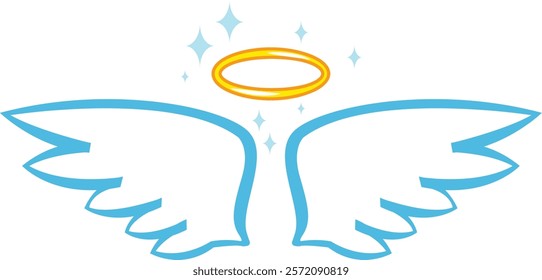 Cartoon depiction of angel wings and a halo radiating with bright sparkles, symbolizing purity, innocence, spirituality, love, hope, and unwavering faith