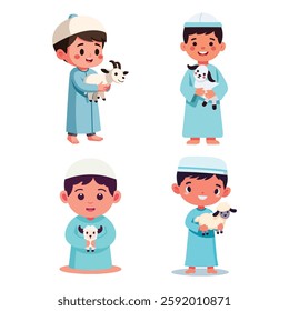Cartoon depiction of children wearing traditional clothing and joyfully holding adorable farm animals, symbolizing happiness and celebration. Perfect for themes of culture, friendship, and festivities
