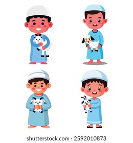 Cartoon depiction of children wearing traditional clothing and joyfully holding adorable farm animals, symbolizing happiness and celebration. Perfect for themes of culture, friendship, and festivities