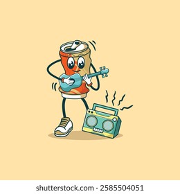 A cartoon depiction of a crushed soda can playing a ukulele next to a boombox.