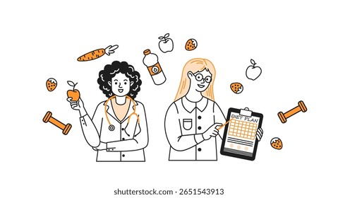 Cartoon depiction of a curlyhaired nutritionist and a blonde dietitian discussing healthy eating. Surrounded by fruits and fitness items on a white background.