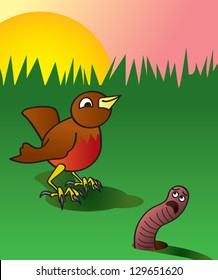 A Cartoon Depiction Of An Early Bird About To Catch A Worm.