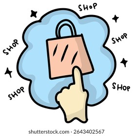 A cartoon depiction featuring a pink shopping bag a hand pressing it surrounded by a blue cloud and the word SHOP with star accents