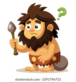 Cartoon Depiction of a Prehistoric Caveman with a Long Beard and Wild Hair, Holding a Green Object in His Hand and Expressing Confusion and Curiosity