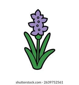 Cartoon depiction of a purple flower featuring three sets of petals, each with three black-outlined circles, and three green leaves on a white backdrop.
