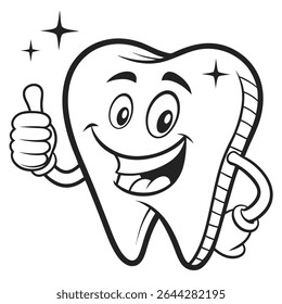 Cartoon depiction showcases a happy tooth character, radiating cleanliness and health, smiling broadly and giving a thumbs up. 