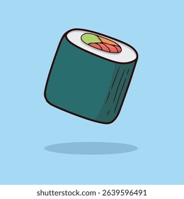 Cartoon depiction of a sushi roll, featuring a slice of  sushi with colored fillings and dark green seaweed.  It is set against a light blue background, and presented in a simple, graphic style.  
